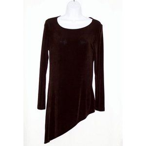 Chicos Travelers Top 0 XS S Brown Asymmetrical Hem Long Sleeve Slinky Knit